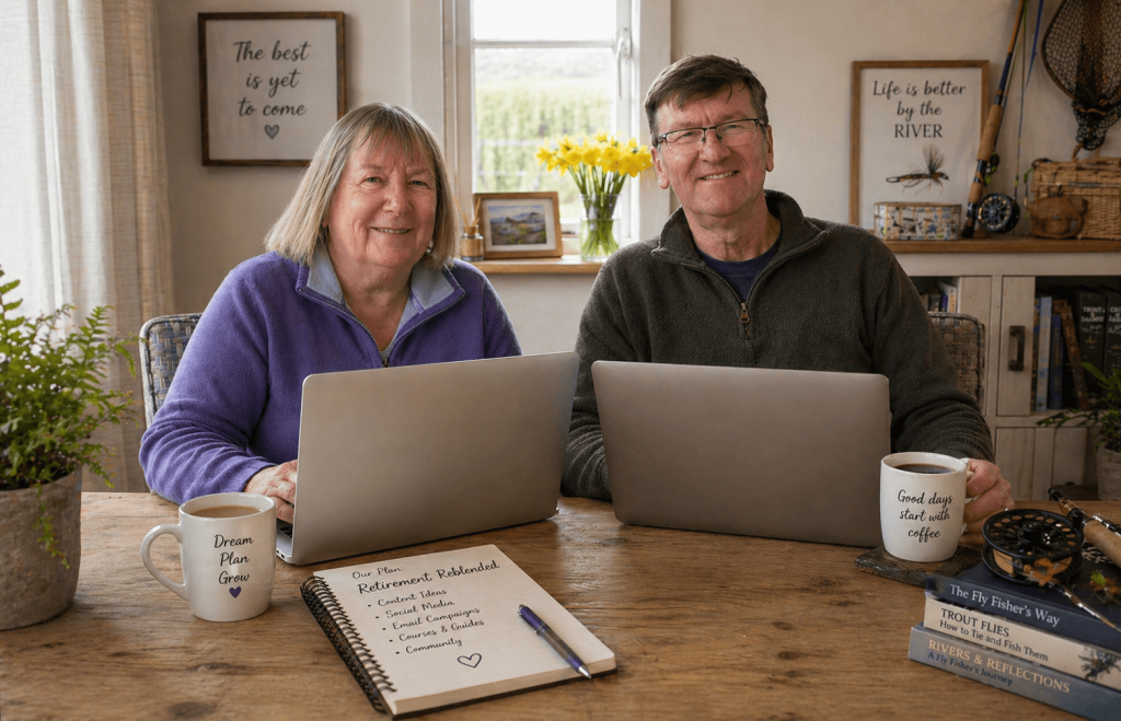 Retired couple building an online business from home using laptops at a cozy kitchen table with coffee
