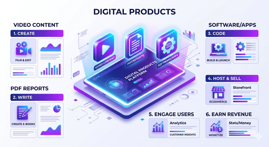 An isometric 3D infographic layout, centered on a glowing tablet with icons of a play button (video), a document (PDF), and a gear (software) floating above it, representing various digital products. The aesthetic is clean and modern, with vibrant purple and electric blue gradients giving it a futuristic feel against a white background. Organized sections with clear headings and illustrative graphics detail the life cycle and management of digital products: "VIDEO CONTENT" and "PDF REPORTS" on the left; and "SOFTWARE/APPS" "HOST & SELL" "ENGAGE USERS" and "EARN REVENUE" on the right.