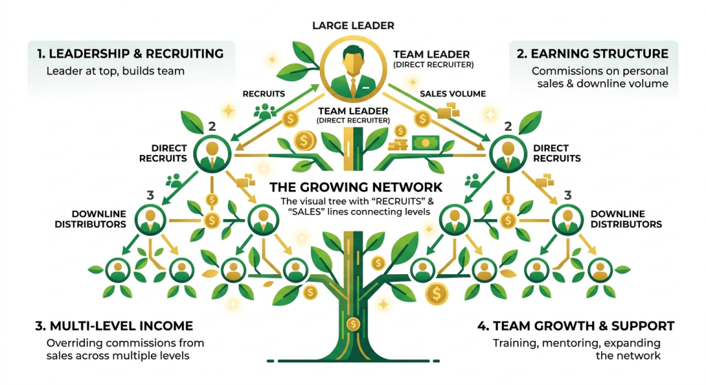 An infographic titled "The Growing Network," illustrating a network marketing business structure using a tree metaphor with a green and gold color scheme and person icons.

At the top, a large leader icon is labeled "Team Leader (Direct Recruiter)." Branches extend downwards from this central leader to two "Direct Recruits" icons (labeled with a "2"). From these two recruits, further branches extend down to six "Downline Distributors" icons (labeled with a "3"). Green lines represent "Recruits" and gold lines represent "Sales Volume," connecting the levels of the network. The visual metaphor uses a growing tree with green leaves and gold dollar signs to represent expansion and earning potential.

Surrounding the central tree are four explanatory text panels:

Leadership & Recruiting: Explains that the leader at the top builds the team.

Earning Structure: Details commissions on personal sales and downline volume.

Multi-Level Income: Describes overriding commissions from sales across multiple levels.

Team Growth & Support: Highlights training, mentoring, and expanding the network.