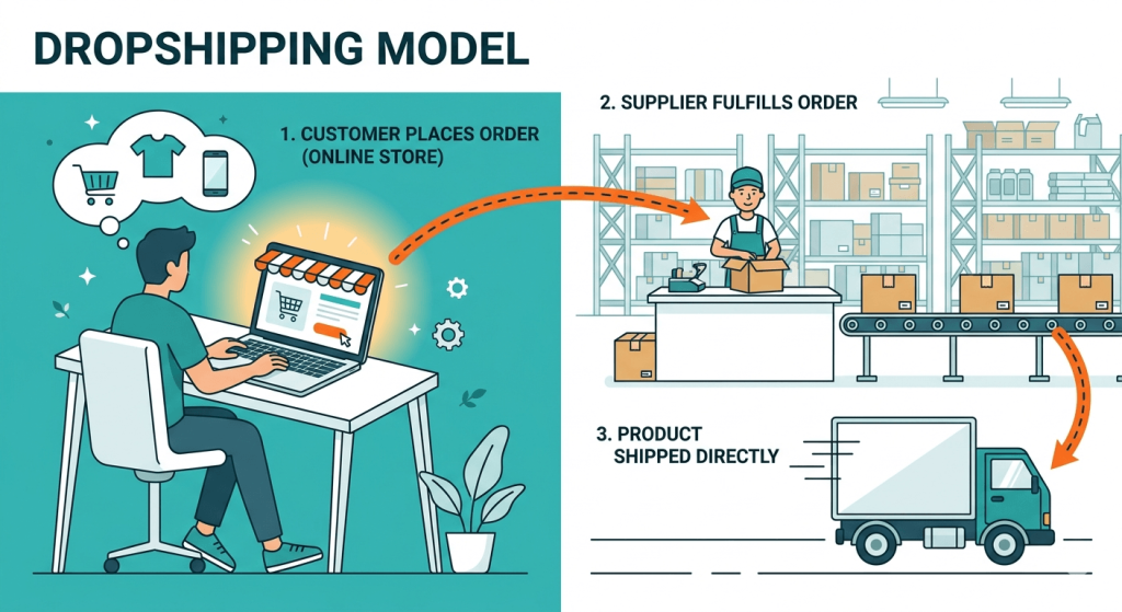 A 2D vector infographic titled "DROPSHIPPING MODEL" in a teal, orange, and white color palette. The split layout shows a customer ordering from an online store on the left and a supplier fulfilling the order and shipping it via truck on the right.