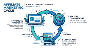 An infographic titled "AFFILIATE MARKETING CYCLE: A PROFITABLE ECOSYSTEM. HOW IT WORKS," illustrating a three-step cycle.

The process begins at a laptop (top left), representing step 1, "PROMOTE PRODUCTS." An arrow labeled "CUSTOMER CLICKS" points down to a shopping cart (bottom right), representing step 2, "DRIVE SALES." An arrow labeled "SALE TRACKED" points up to a large dollar sign coin (top right), representing step 3, "RECEIVE COMMISSIONS." An arrow then leads back to the laptop to complete the cycle.

Detailed descriptions for each step:

1. PROMOTE PRODUCTS: The laptop displays an e-commerce page with a t-shirt and a button that says "AFFILIATE SHARES LINK." Below it, the text reads: "Affiliate creates content, shares unique links to audiences."

2. DRIVE SALES: The shopping cart holds a small digital browser window labeled "CHECKOUT." Below it, the text reads: "Consumer clicks link, makes a purchase on Merchant's site."

3. RECEIVE COMMISSIONS: The dollar sign coin is prominent. Below it, the text reads: "Merchant tracks sale, pays percentage of sale to Affiliate."

The image features decorative elements like leaves and sparkle icons, rendered in a professional blue and teal color scheme against a white background.